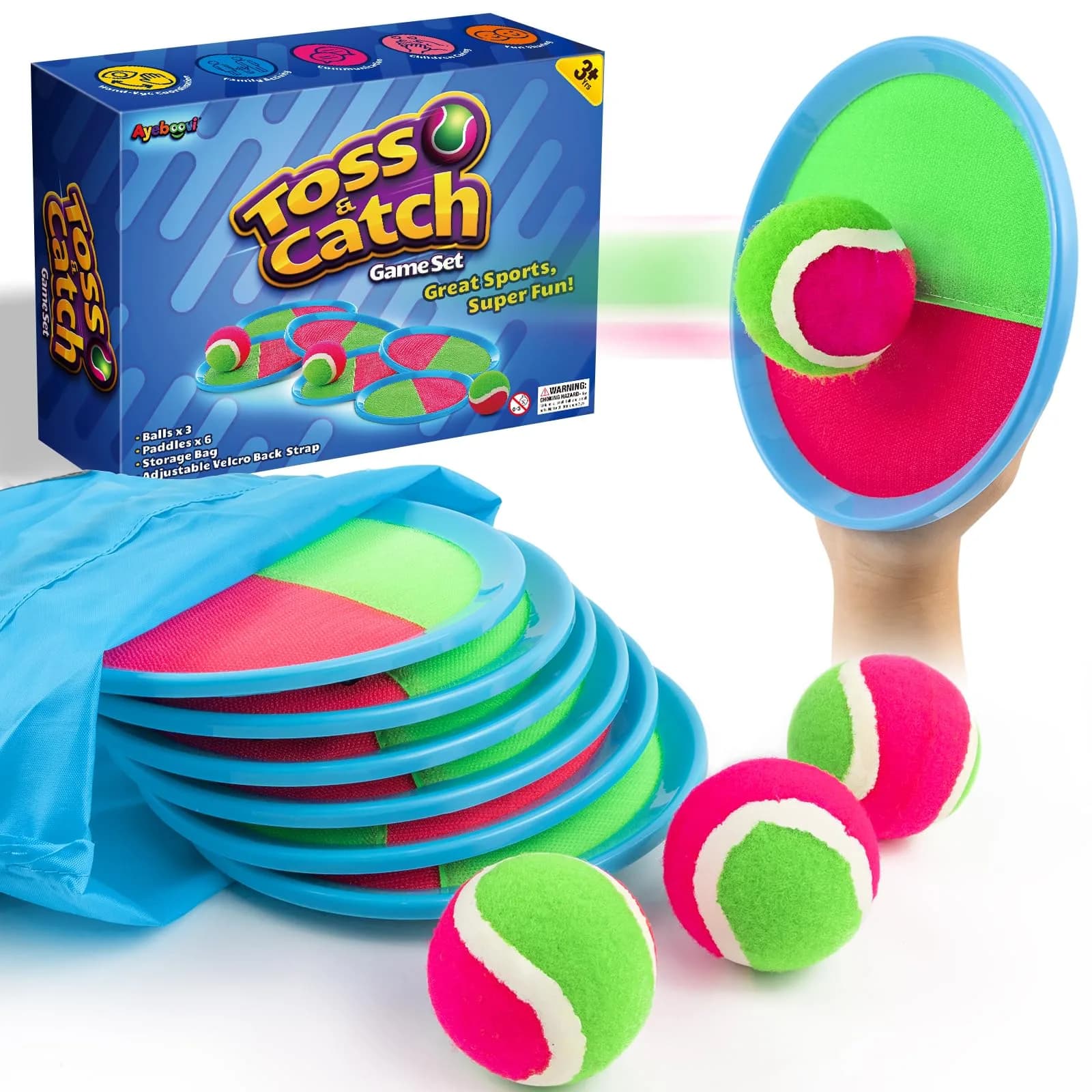 Ayeboovi Replacement Sticky Balls 4 Packs, 72.6g (2.6 Inch Diameter) | Toss and Catch Game Balls — 6 Paddles 3 Balls