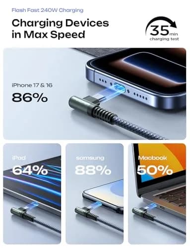 AINOPE 240W USB C to USB C Cable 2.0m (6.6ft) Right Angle | Fast Charging & Data Transfer thumbnail 5