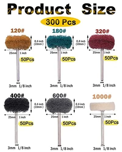 Rocaris 300 Pack 1" Abrasive Buffing Polishing Wheels with 1/8" Shank for Rotary Tools | 6 Grits (120-1000) thumbnail 2