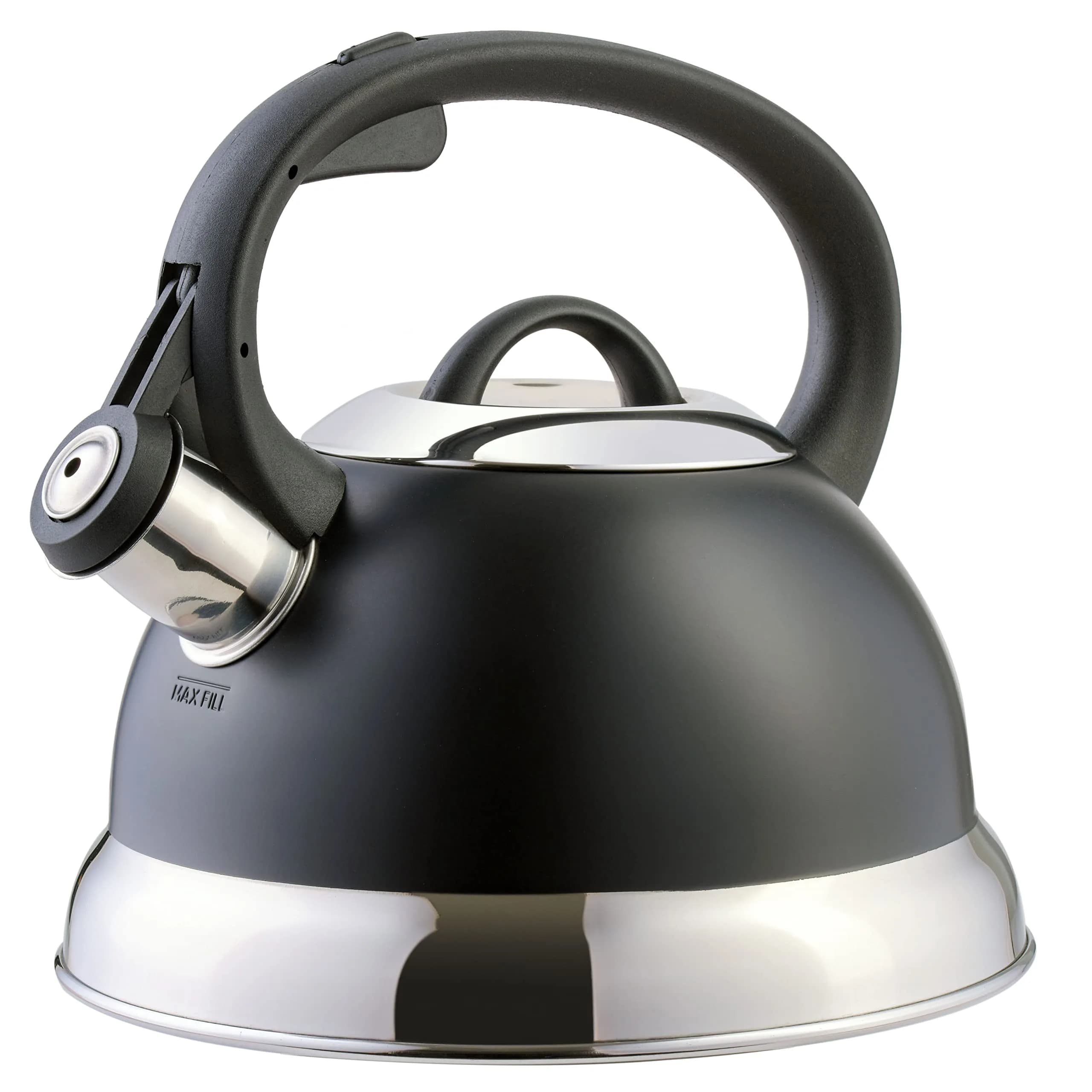 Mr. Coffee Flintshire 1.75-Quart (1.65 L) Stainless Steel Whistling Tea Kettle with Nylon Handle – Matte Black Stove-Top Kettle