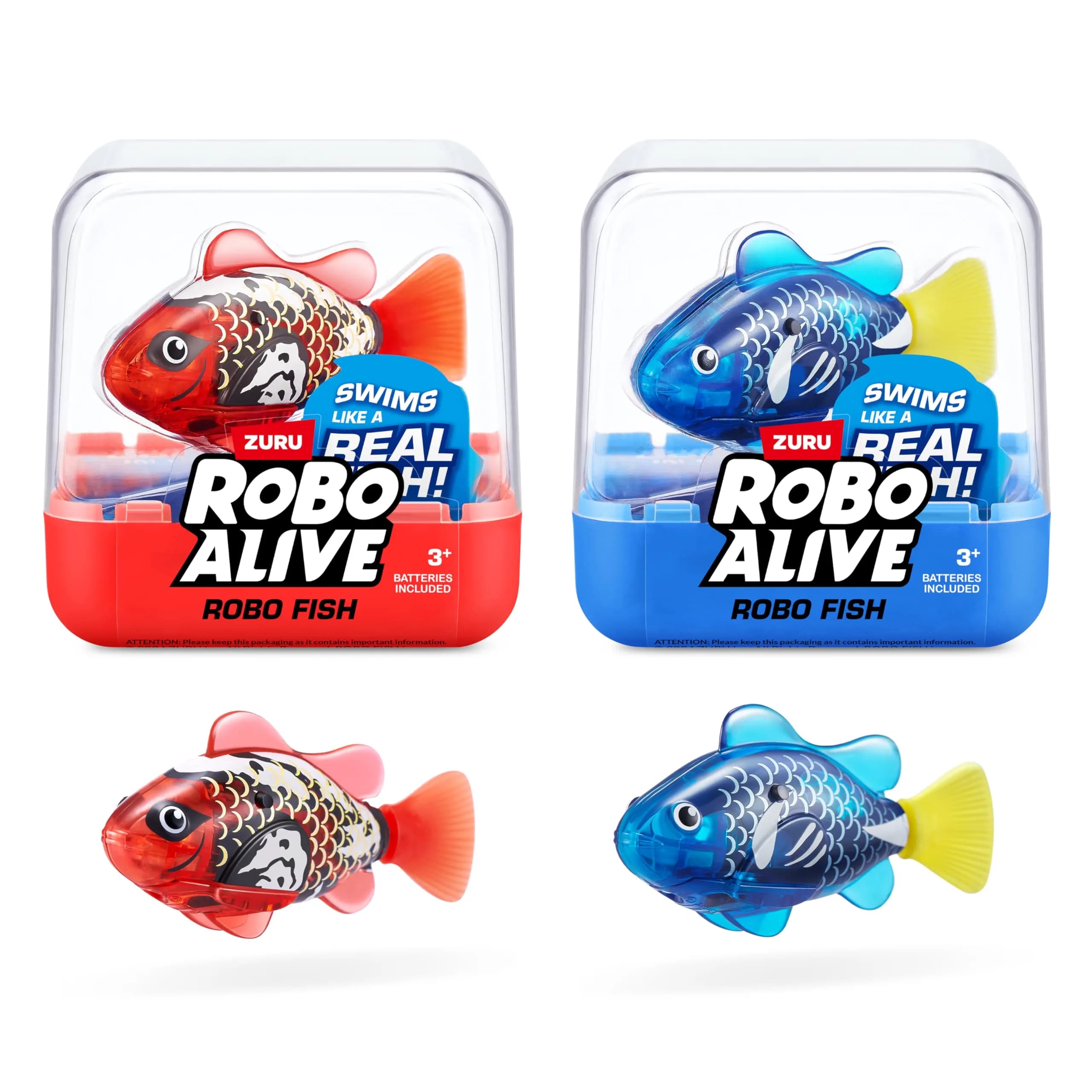 Robo Alive Robo Fish Robotic Swimming Fish (2 Pack, Red + Blue) | Water Activated Toy for Kids 3+