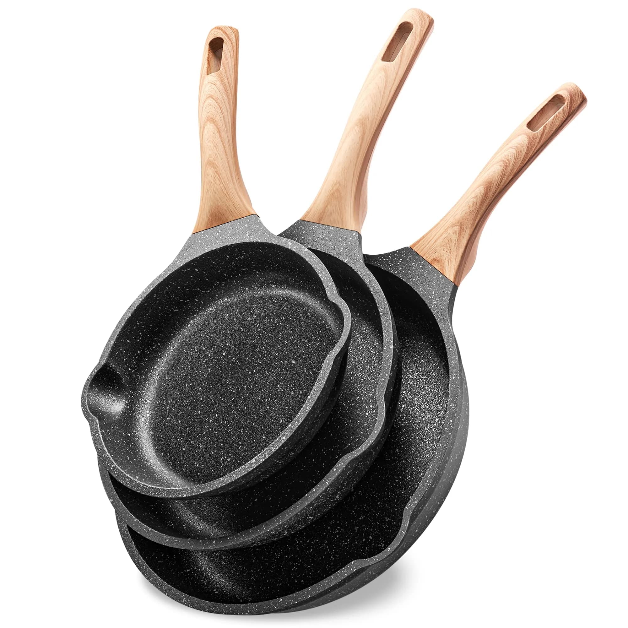 YIIFEEO Granite Nonstick Frying Pan Set 20cm/24cm/28cm (8"/9.5"/11") | Induction Compatible Cookware Set — 3 PCS - Black