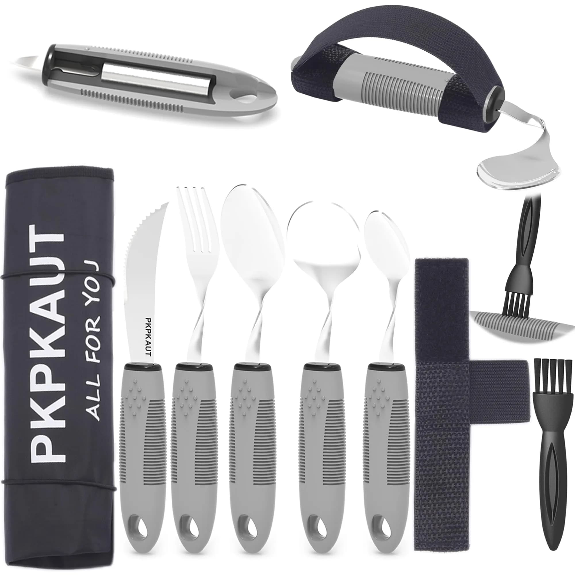 PKPKAUT Weighted Adaptive Utensils Set with Universal Cuff & Roll Bag | 204g (7.2 oz) Utensils for Hand Tremors, Parkinson's, Arthritis