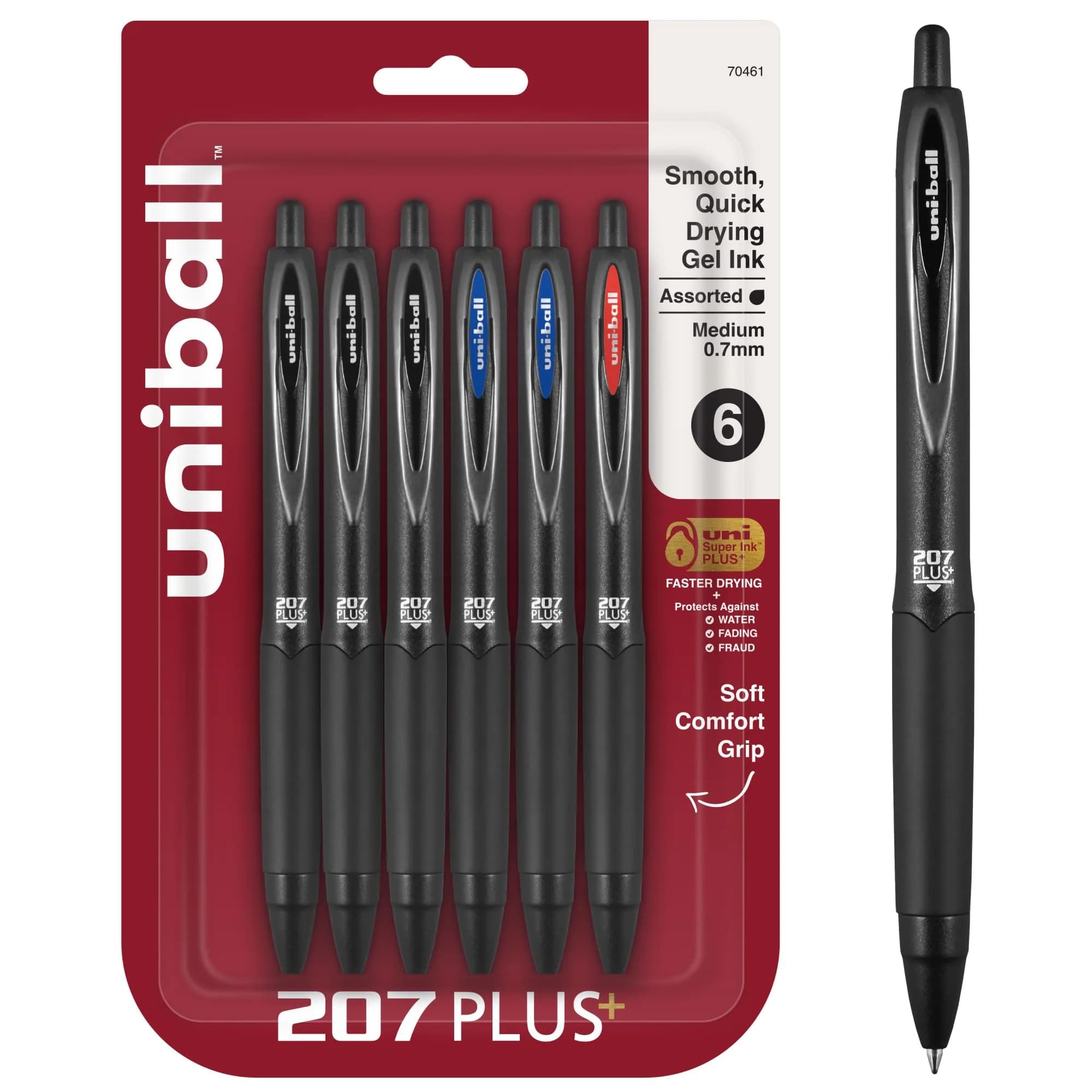Uni-Ball 207 Plus+ Gel Pens Assorted Ink 0.7mm Medium Point 6 Count | Smooth Writing, Fade-Resistant, Fraud-Resistant — Black
