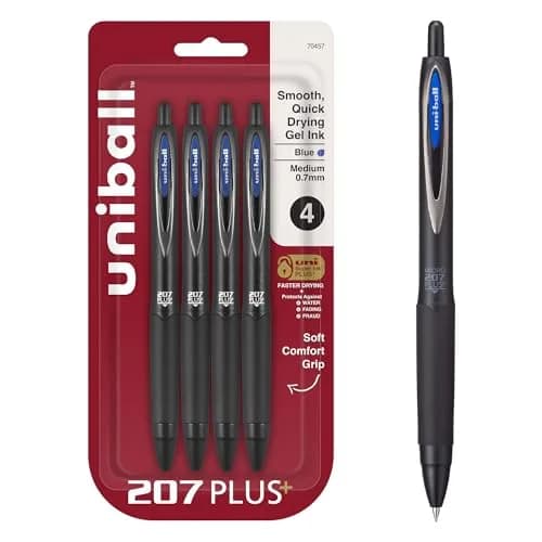 uni-ball 207 Plus+ Gel Pens Blue Ink 0.7mm Medium Point 4 Count | Smooth Writing, Smear-Resistant, Uni Super Ink Plus+ thumbnail 1