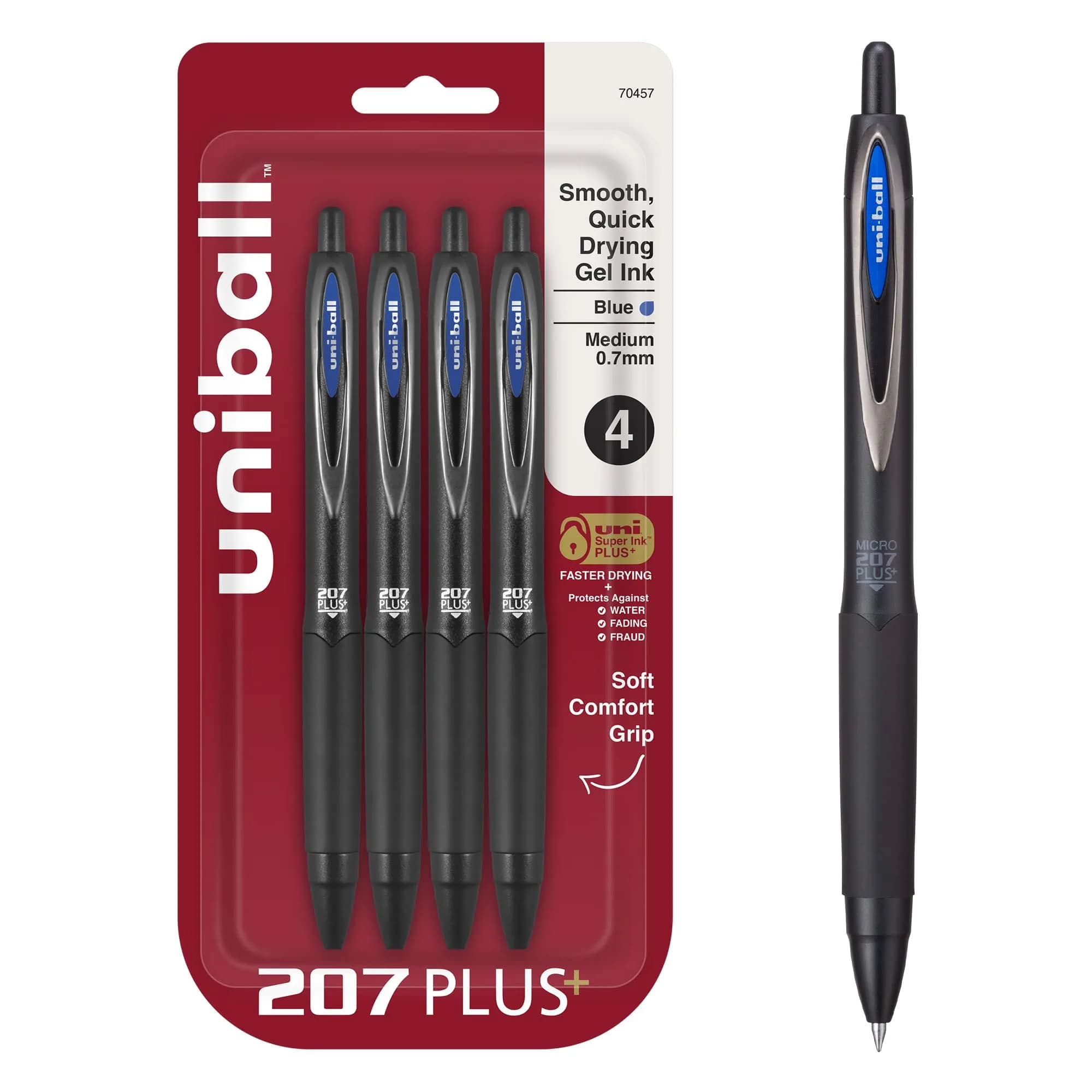 uni-ball 207 Plus+ Gel Pens Blue Ink 0.7mm Medium Point 4 Count | Smooth Writing, Smear-Resistant, Uni Super Ink Plus+
