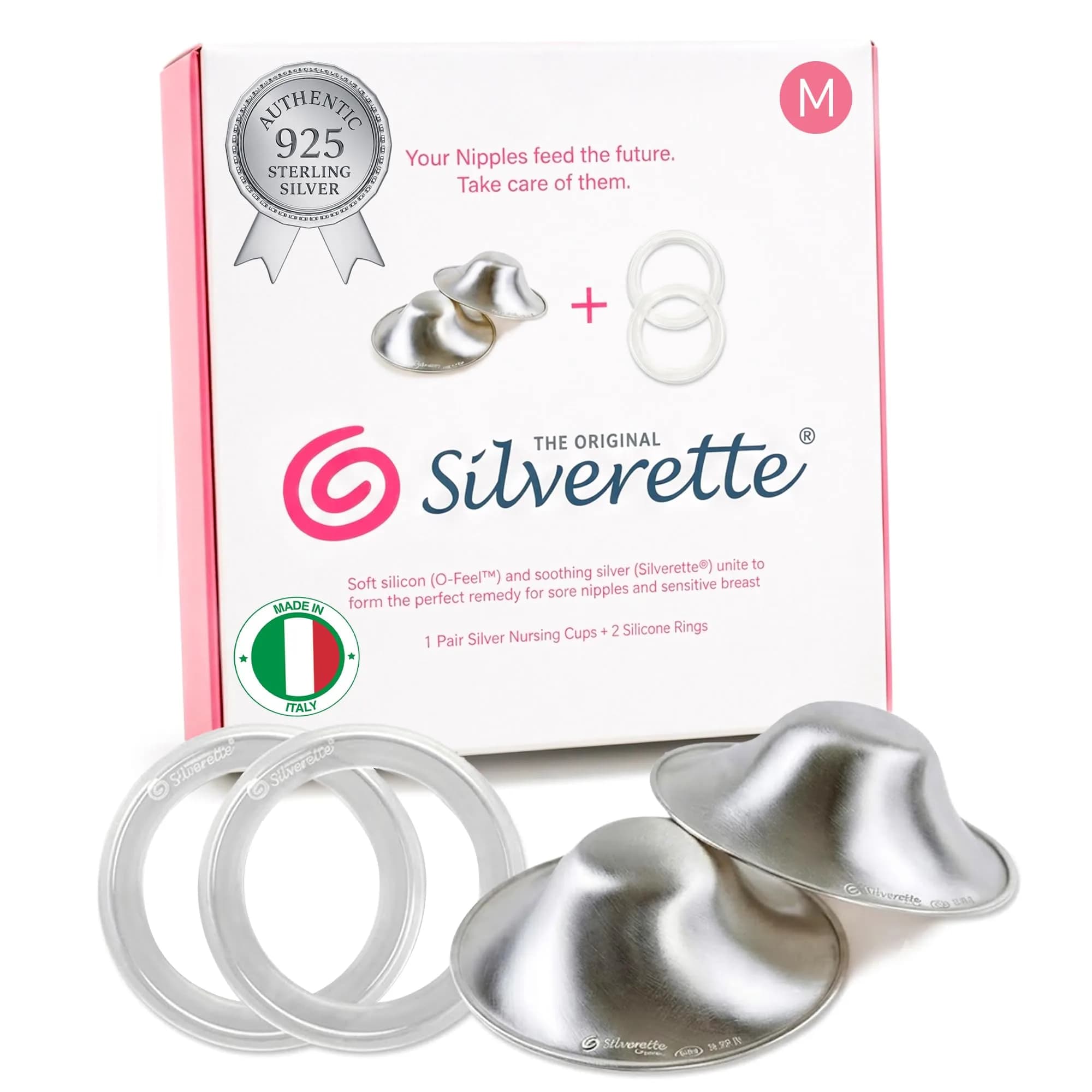 Silverette Sterling Silver Nursing Cups with O-Feel Silicone Rings | Handcrafted in Italy, 2-Pack - main product image
