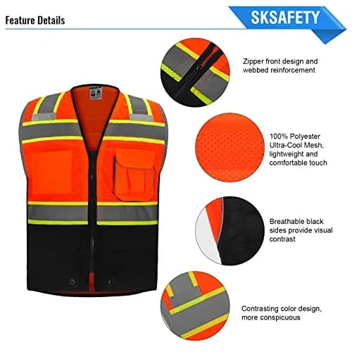 SKSAFETY Class 2 High Visibility Safety Vest Orange Black 3XL | ANSI/ISEA 107-2020 Compliant thumbnail 5
