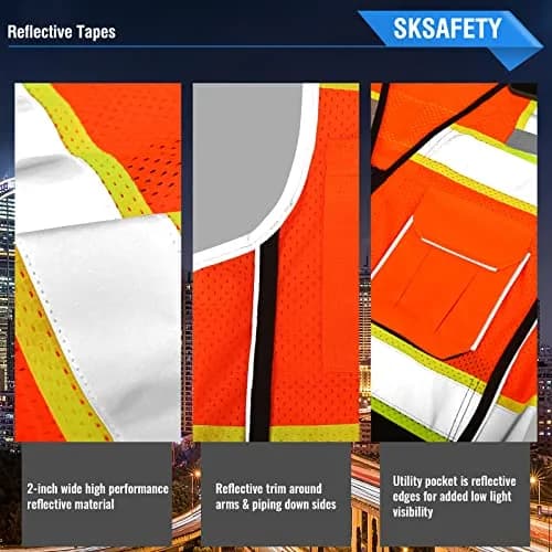 SKSAFETY Professional Safety Vest, Class 2 Hi Vis Vest with Reflective Strips, ANSI/ISEA Standard (Orange, Medium) thumbnail 4