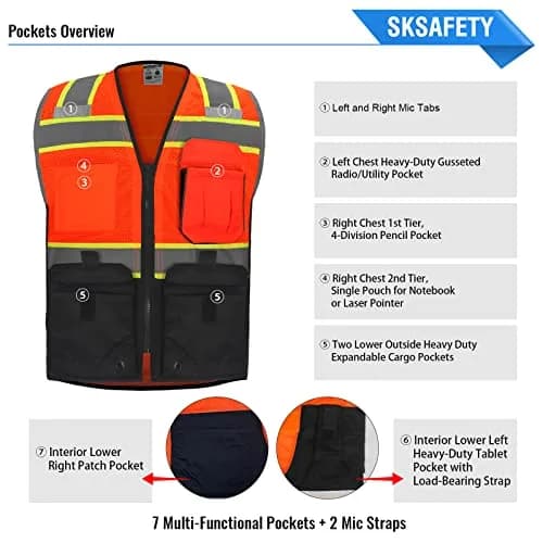 SKSAFETY Professional Safety Vest, Class 2 Hi Vis Vest with Reflective Strips, ANSI/ISEA Standard (Orange, Medium) thumbnail 3