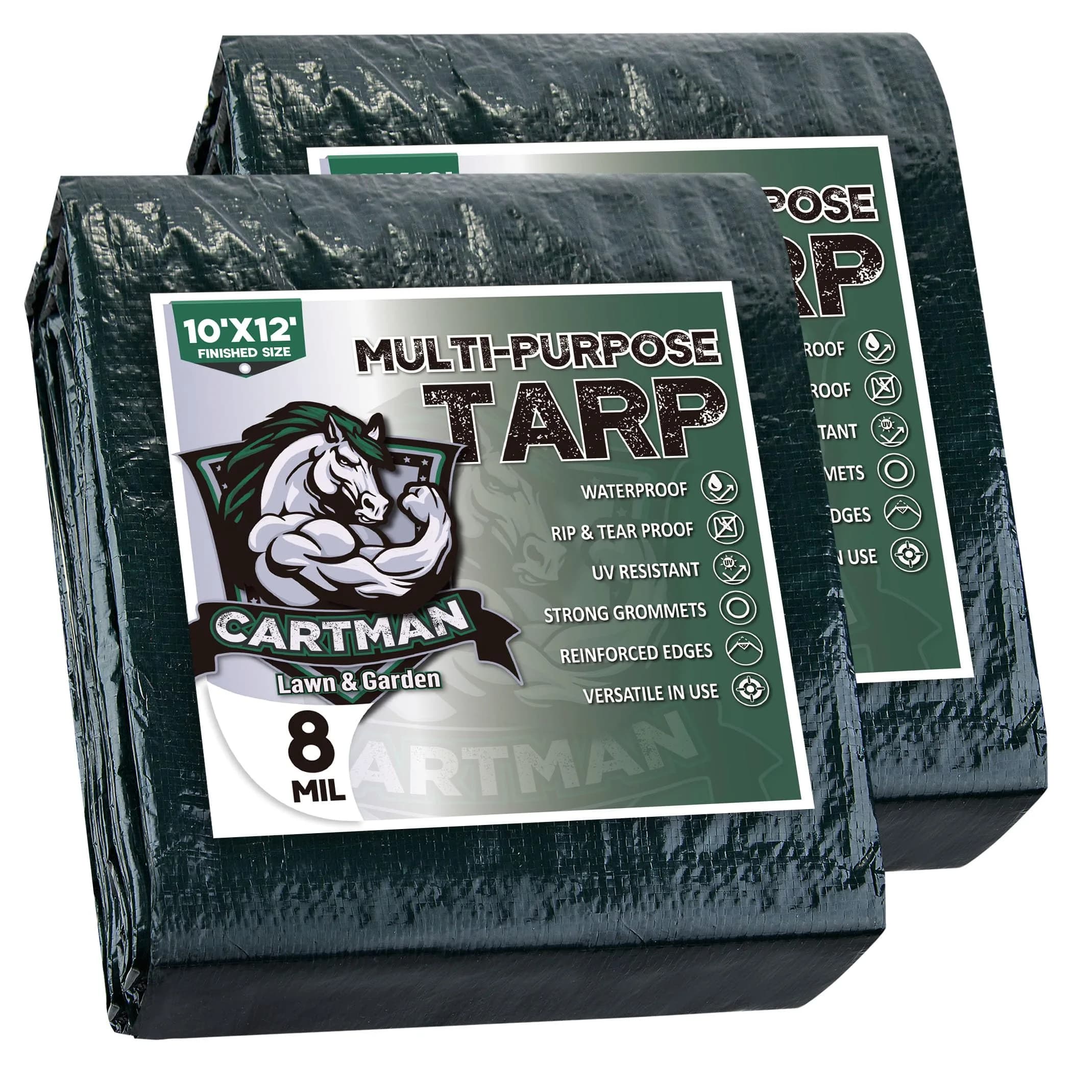 CARTMAN 8x10Ft Waterproof Poly Tarp Cover 8 Mil | Heavy Duty, Green, Outdoor Use — Green/Green 8mil