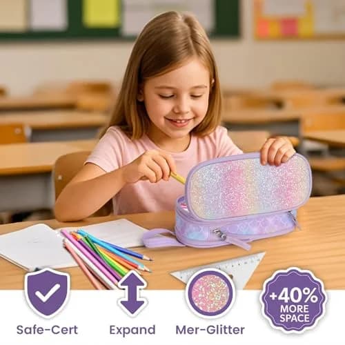 Bagseri Expandable Pencil Case for Girls | Purple Mermaid Scale Large Capacity Pouch Organizer (23cm x 11.6cm x 3.6cm) thumbnail 2