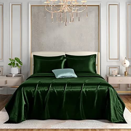 Horbaunal 6 Piece Satin Sheet Set Full Size Emerald Green | Silky Soft with 16" Deep Pocket & 4 Pillowcases thumbnail 2