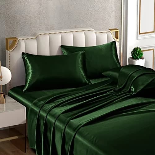 Horbaunal 6 Piece Satin Sheet Set Full Size Emerald Green | Silky Soft with 16" Deep Pocket & 4 Pillowcases thumbnail 3