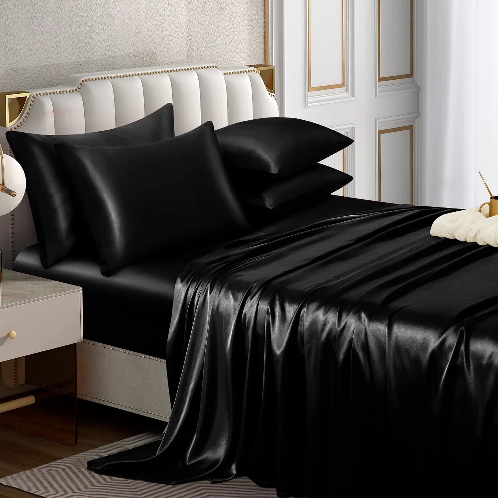 Horbaunal 6 Piece Queen Satin Sheet Set Emerald Green | 203cm x 152cm (80" x 60") + 4 Pillowcases 51cm x 76cm (20" x 30") — Black / Queen
