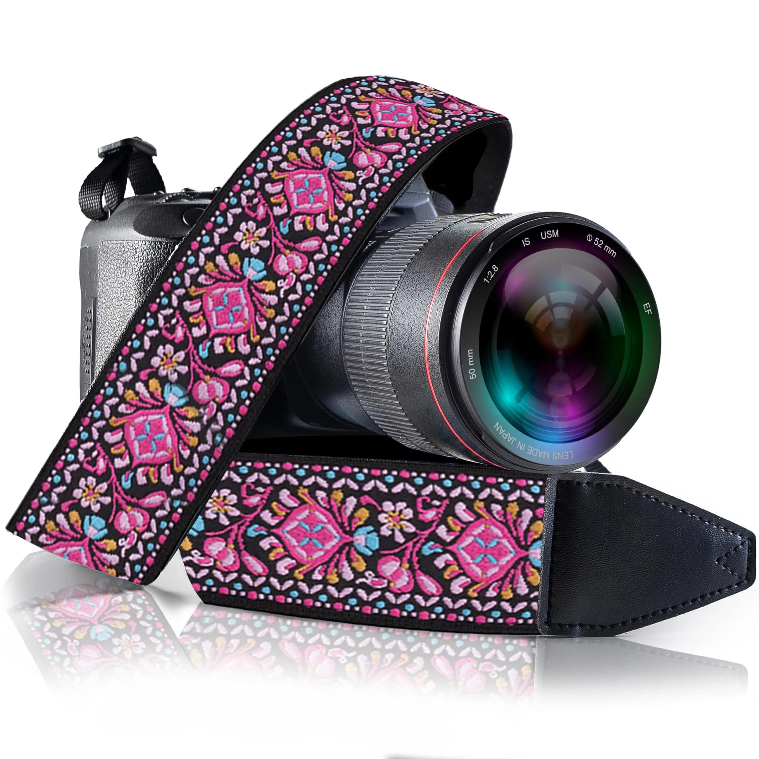Art Tribute Embroidered Cotton & Leather Camera Strap Pink | Padded Neck, Shoulder & Crossbody for All Cameras — A# Pink Woven