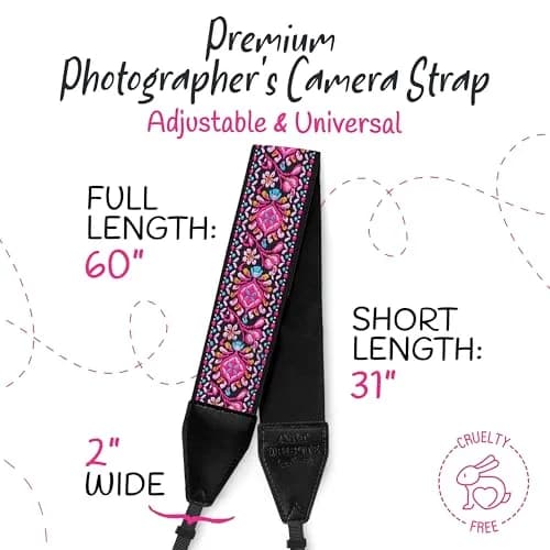 Art Tribute Embroidered Cotton & Leather Camera Strap Pink | Padded Neck, Shoulder & Crossbody for All Cameras thumbnail 5
