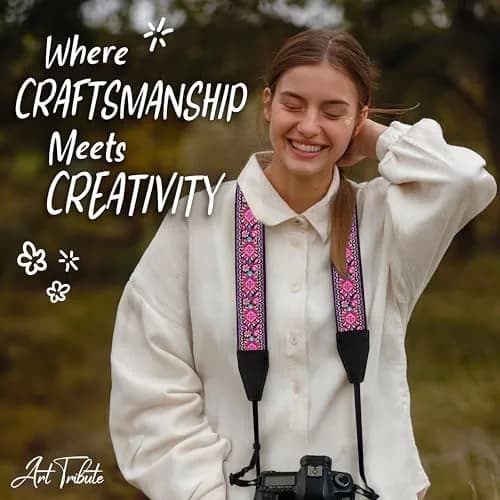 Art Tribute Embroidered Cotton & Leather Camera Strap Pink | Padded Neck, Shoulder & Crossbody for All Cameras thumbnail 8
