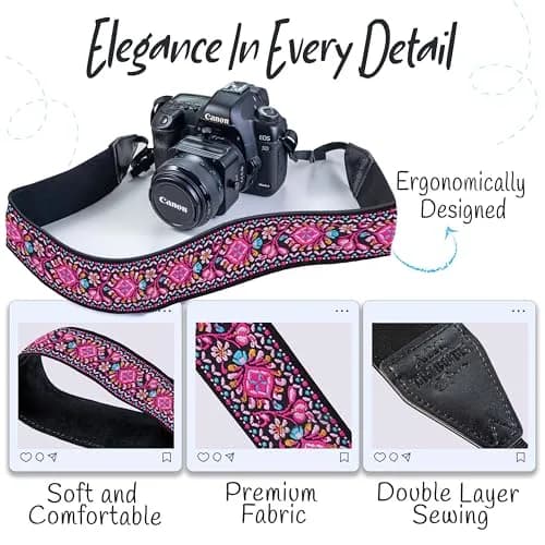 Art Tribute Embroidered Cotton & Leather Camera Strap Pink | Padded Neck, Shoulder & Crossbody for All Cameras thumbnail 3