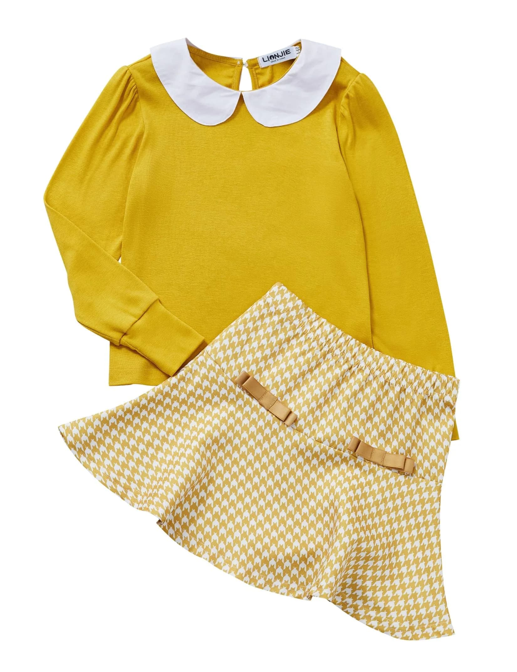 LIONJIE Toddler Girl Outfit Set | Fall & Spring Clothes for 3-4Y | Long Sleeve Tops & Houndstooth Skirt — Yellow / 9-10 Years