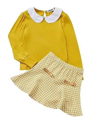 LIONJIE Girl's Yellow Skirt Sets Fall Clothes 2Pcs Outfit Long Sleeve Peter Pan Collar Tops Houndstooth Ruffle Mini Skirts Suit | Stylish, Breathable Cotton, 9-10 Years thumbnail 1