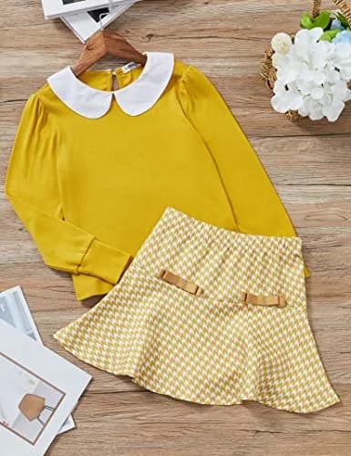 LIONJIE Girl's Yellow Skirt Sets Fall Clothes 2Pcs Outfit Long Sleeve Peter Pan Collar Tops Houndstooth Ruffle Mini Skirts Suit | Stylish, Breathable Cotton, 9-10 Years thumbnail 6