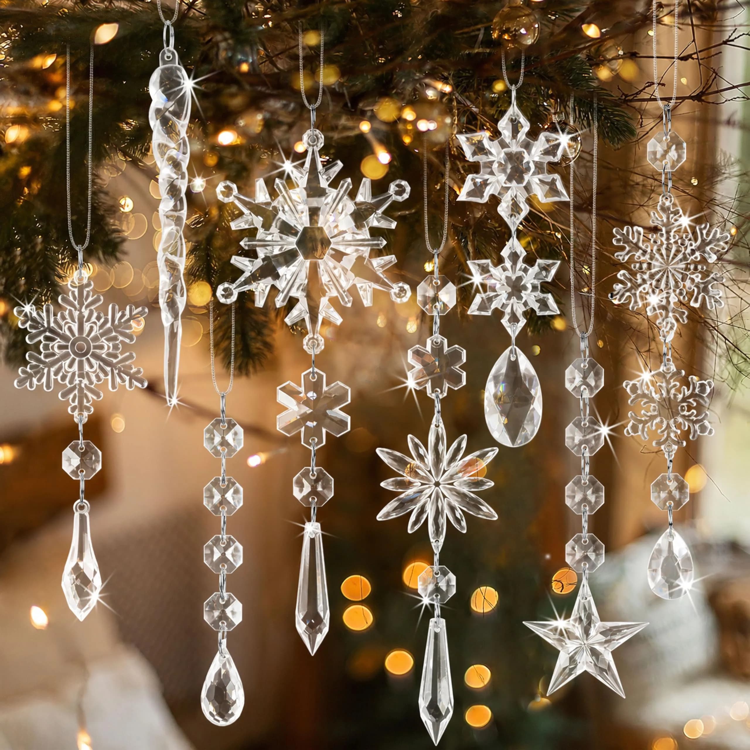 GuassLee Crystal Ornaments for Christmas Tree Winter Wonderland Decorations 20 pcs (18 Count) | Shatterproof Acrylic Hanging Pendants - main product image