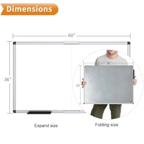 VIZ-PRO Magnetic Dry Erase Board, 60 x 36 Inches, Foldable Wall-Mounted Whiteboard with Silver Aluminum Frame & Marker Tray | Smooth Writing Surface for Office & Home thumbnail 2