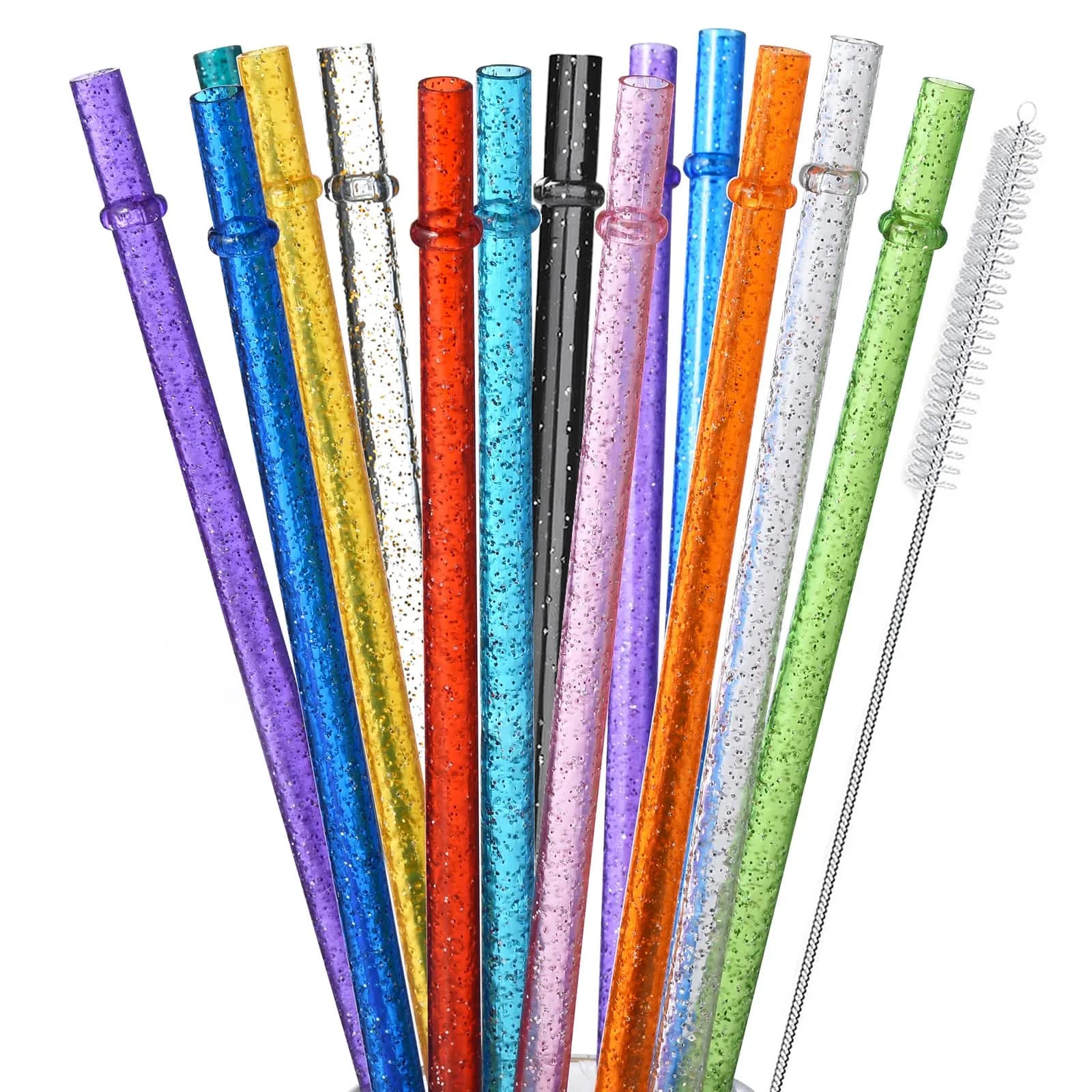 ALINK 12-Pack Glitter Plastic Tumbler Straws 28cm (11") | Reusable Hard Plastic Straws with Cleaning Brush — 13 INCH