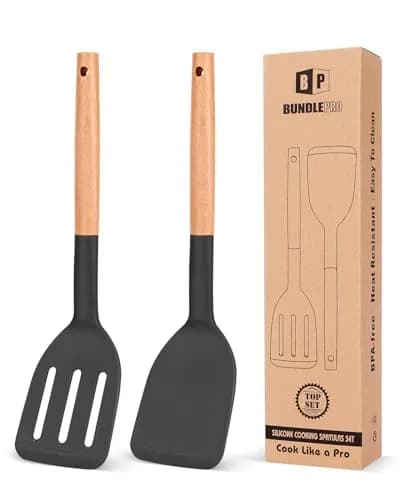 BUNDLEPRO Silicone Spatula & Slotted Turner Set, 2 Pack, Black | Heat Resistant to 230°C thumbnail 1