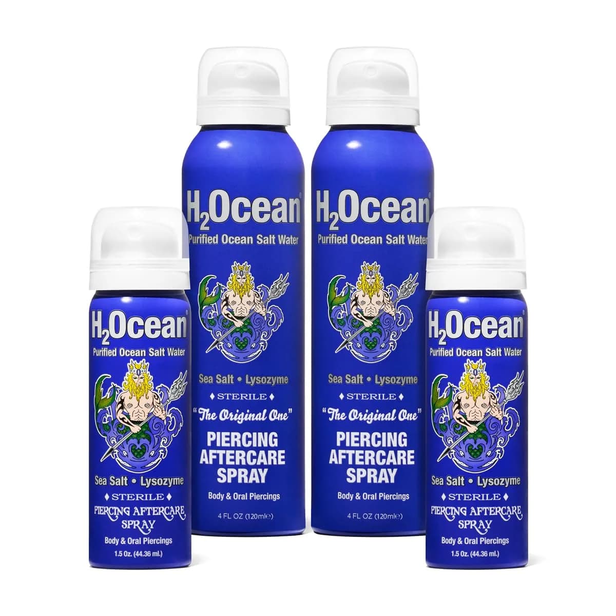 H2Ocean Piercing Aftercare Spray Bundle | 2x 4oz & 2x 1.5oz Bottles | Fast Healing for Ear, Nose, Body Piercings