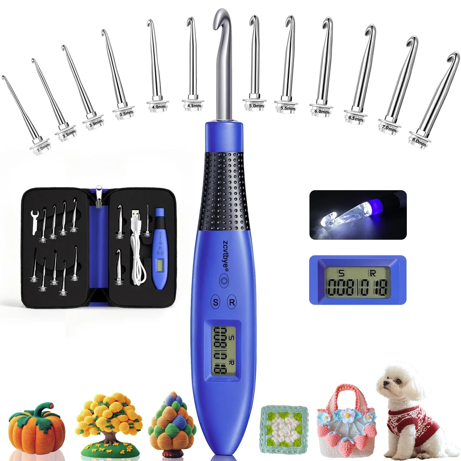Zcvtbye Light Up Crochet Hooks Set, 22 Sizes with Digital Counters & LED Light | Ergonomic & Rechargeable — 12 Size
