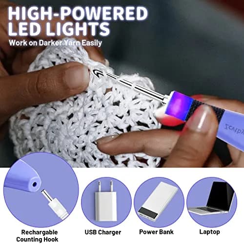 Zcvtbye Light Up Crochet Hooks Set, 12 Sizes with Digital Counters, Ergonomic, Rechargeable | Perfect for Dark Yarn Projects thumbnail 2