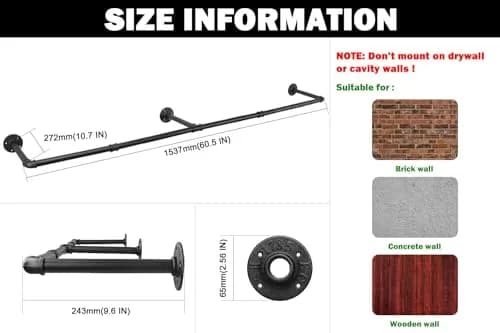 Livabber Industrial Pipe Clothes Rack 152 cm (60 Inch) | Heavy Duty Wall Mounted Garment Bar for Bedroom, Closet thumbnail 2