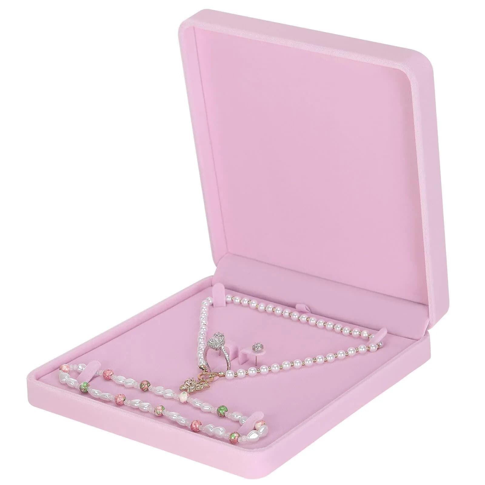 LETURE Velvet Jewelry Set Box for Bracelets, Necklaces, Earrings, Rings - Pink | 19cm (7.5in) Square