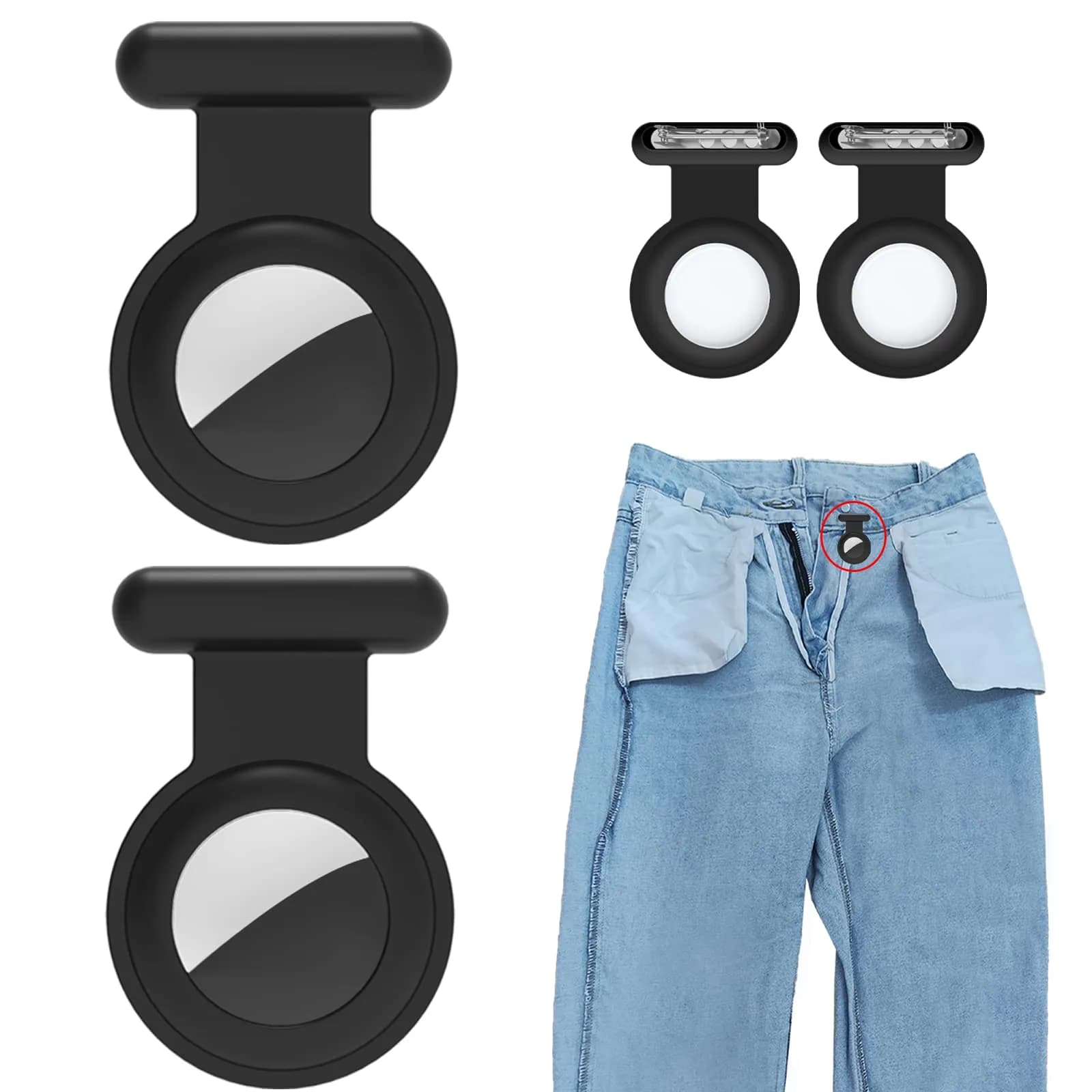 Fzemnn Silicone Airtag Holder Case 2 Pack | Hidden Pin Design for Kids & Pets — Black Black