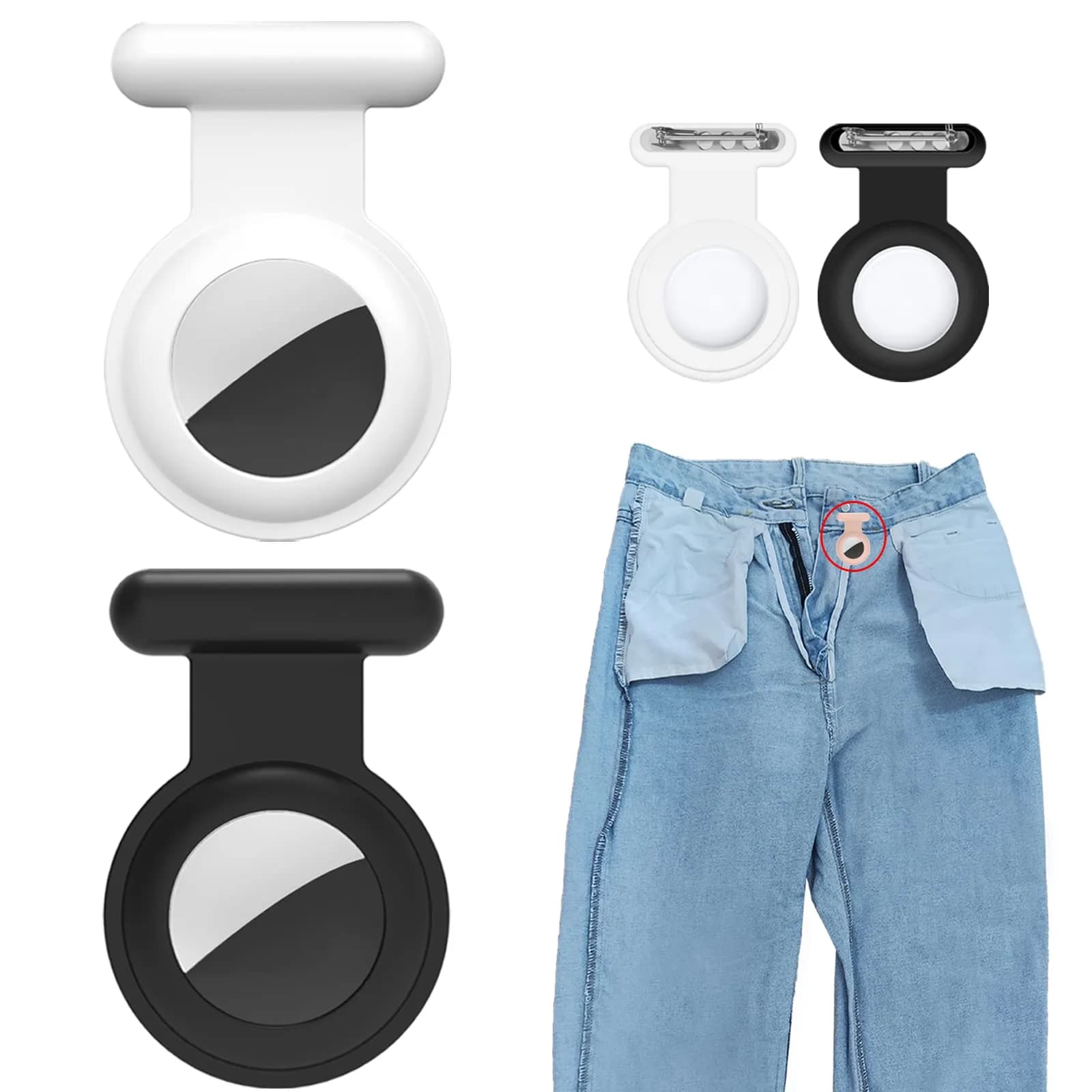 Fzemnn Silicone Airtag Holder Case 2 Pack | Hidden Pin Design for Kids & Pets — Black White