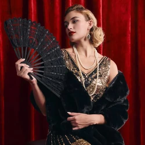 BABEYOND Cotton Lace Folding Hand Fan, Bamboo Wedding Dance Party Decor | Elegant, Handcrafted, Lightweight thumbnail 2