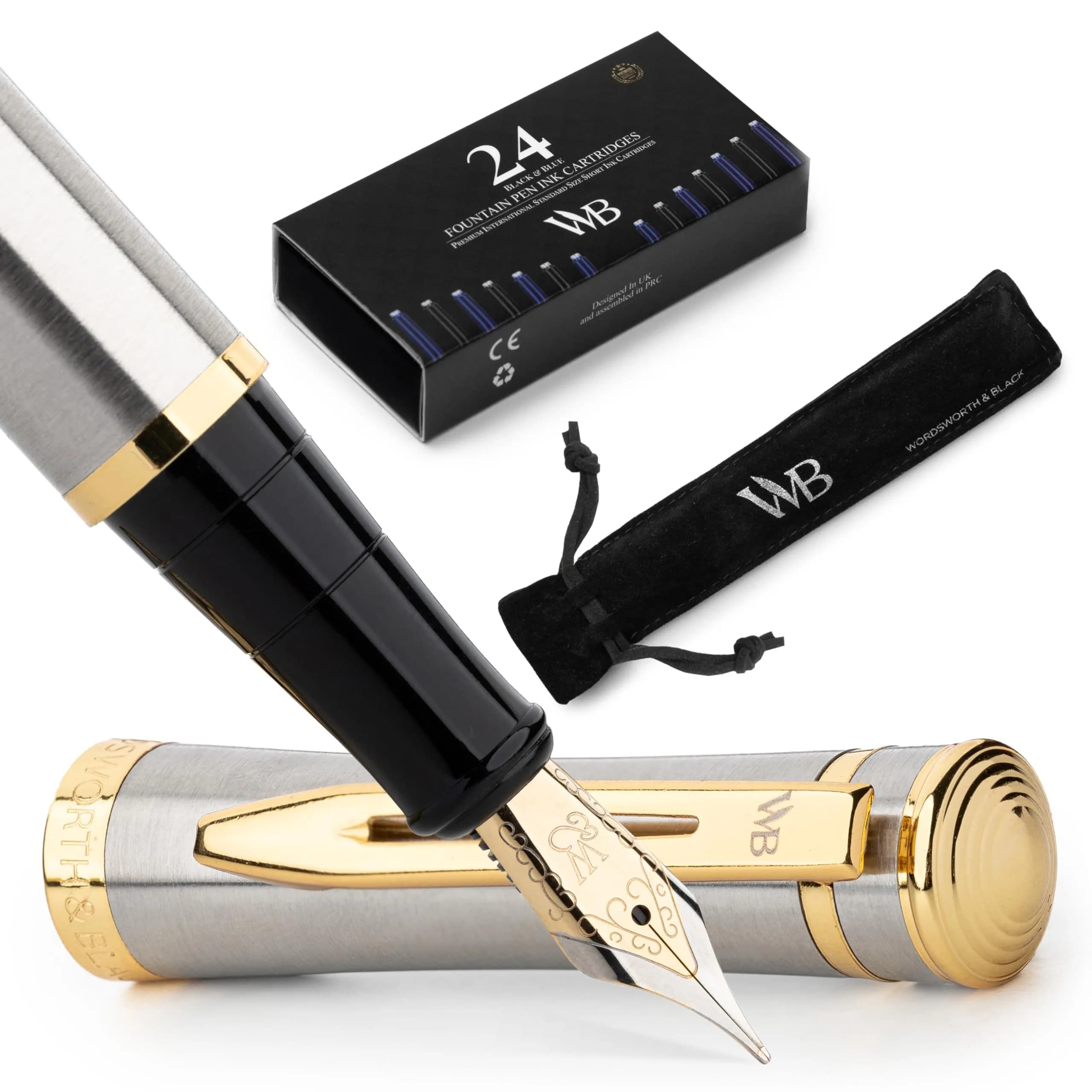 Wordsworth & Black Luxury Fountain Pen Set with Medium Nib, Racing Green | Smooth Ink Flow for Writing — Silver Gold / Medium Nib