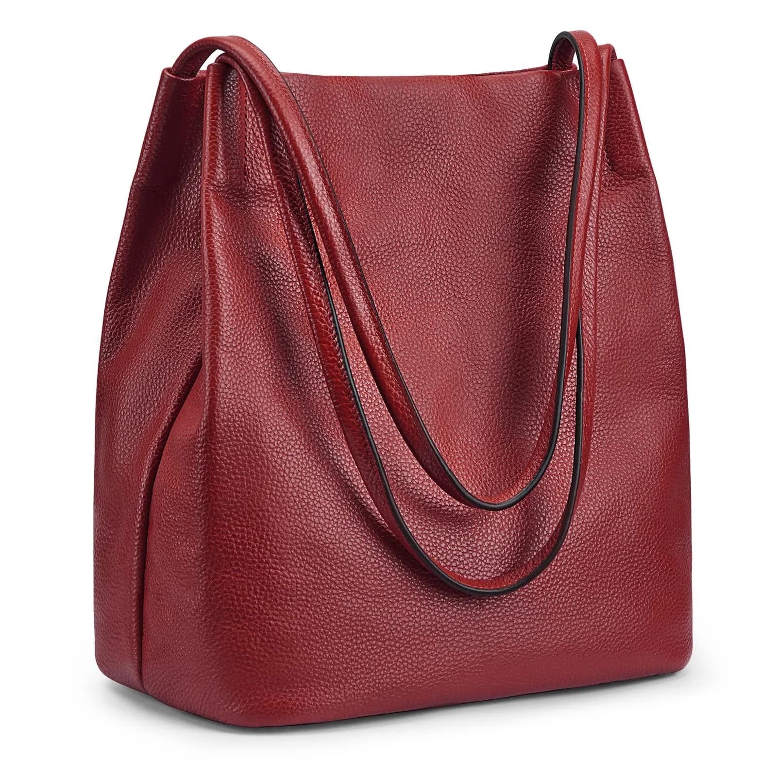 Kattee Genuine Leather Tote Handbag for Women Medium Black | Top Grain Pebbled Cowhide Leather with Gold Hardware — Wine Red