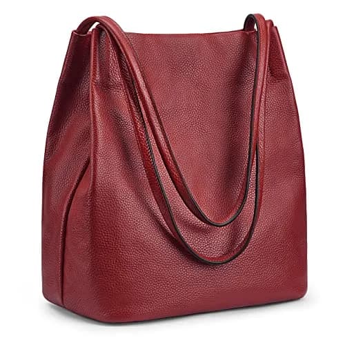 Kattee Genuine Leather Tote Handbag for Women (Wine Red) | Soft Top Grain Pebbled Cowhide Leather with Gold Hardware thumbnail 1