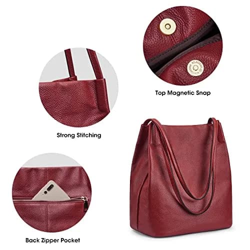 Kattee Genuine Leather Tote Handbag for Women (Wine Red) | Soft Top Grain Pebbled Cowhide Leather with Gold Hardware thumbnail 5