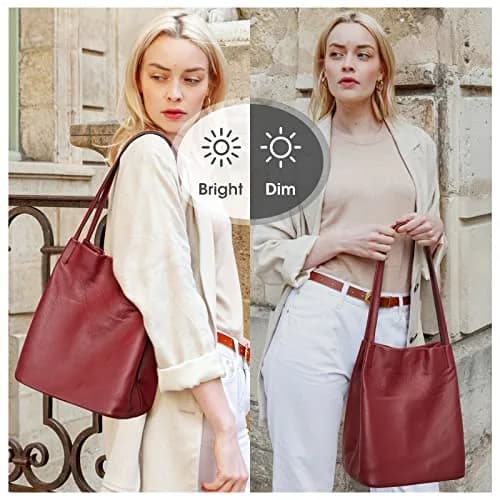 Kattee Genuine Leather Tote Handbag for Women (Wine Red) | Soft Top Grain Pebbled Cowhide Leather with Gold Hardware thumbnail 6