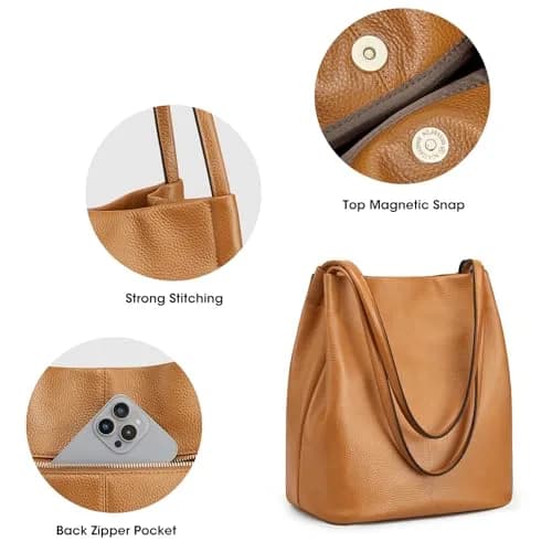 Kattee Genuine Leather Tote Handbag for Women (Brown) | Soft Pebbled Cowhide with Magnetic Snap Closure thumbnail 5