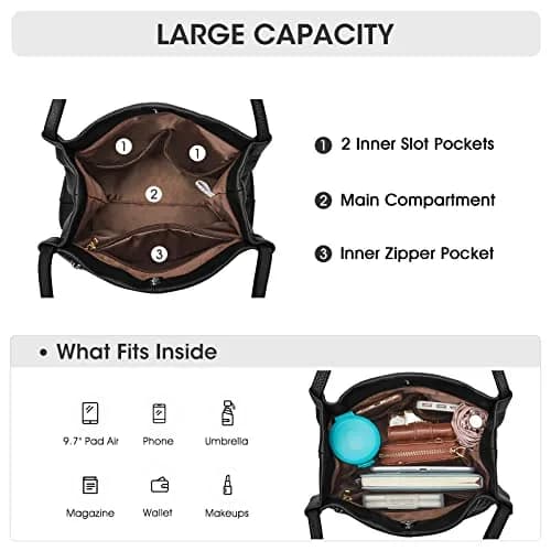 Kattee Genuine Leather Tote Handbag for Women Medium Black | Top Grain Pebbled Cowhide Leather with Gold Hardware thumbnail 4