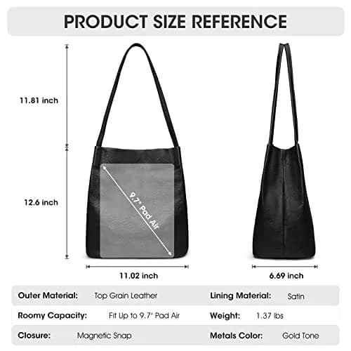 Kattee Genuine Leather Tote Handbag for Women Medium Black | Top Grain Pebbled Cowhide Leather with Gold Hardware thumbnail 3