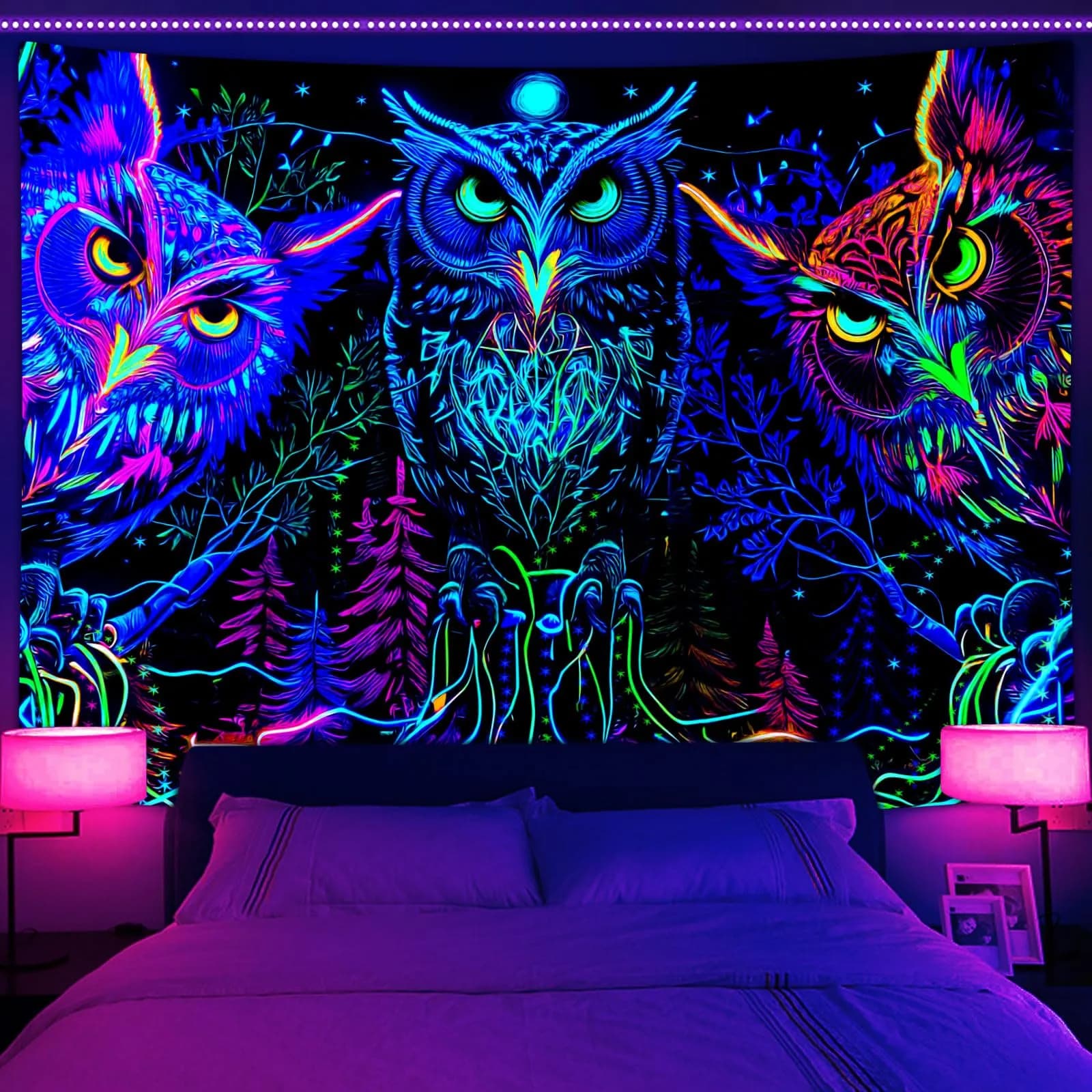 JAWO Blacklight Tapestry UV Reactive Owl Forest Art Poster 71x60 Inch | Glows Under Blacklight - main product image