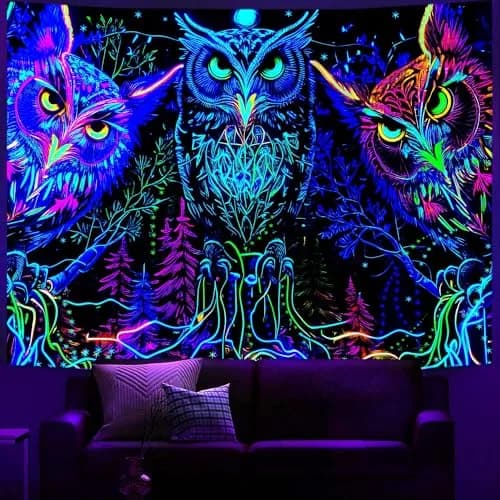 JAWO Blacklight Tapestry UV Reactive Owl Forest Art Poster 71x60 Inch | Glows Under Blacklight thumbnail 4