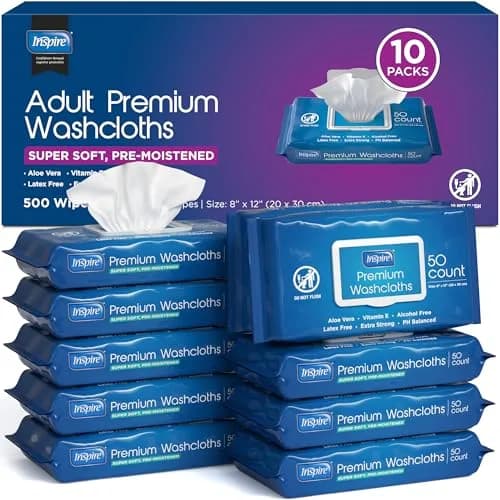 Inspire Adult Wet Wipes, Wash Cloths 500 Count (10 Packs of 50) | Hypoallergenic & Aloe Vera Infused for Sensitive Skin thumbnail 1