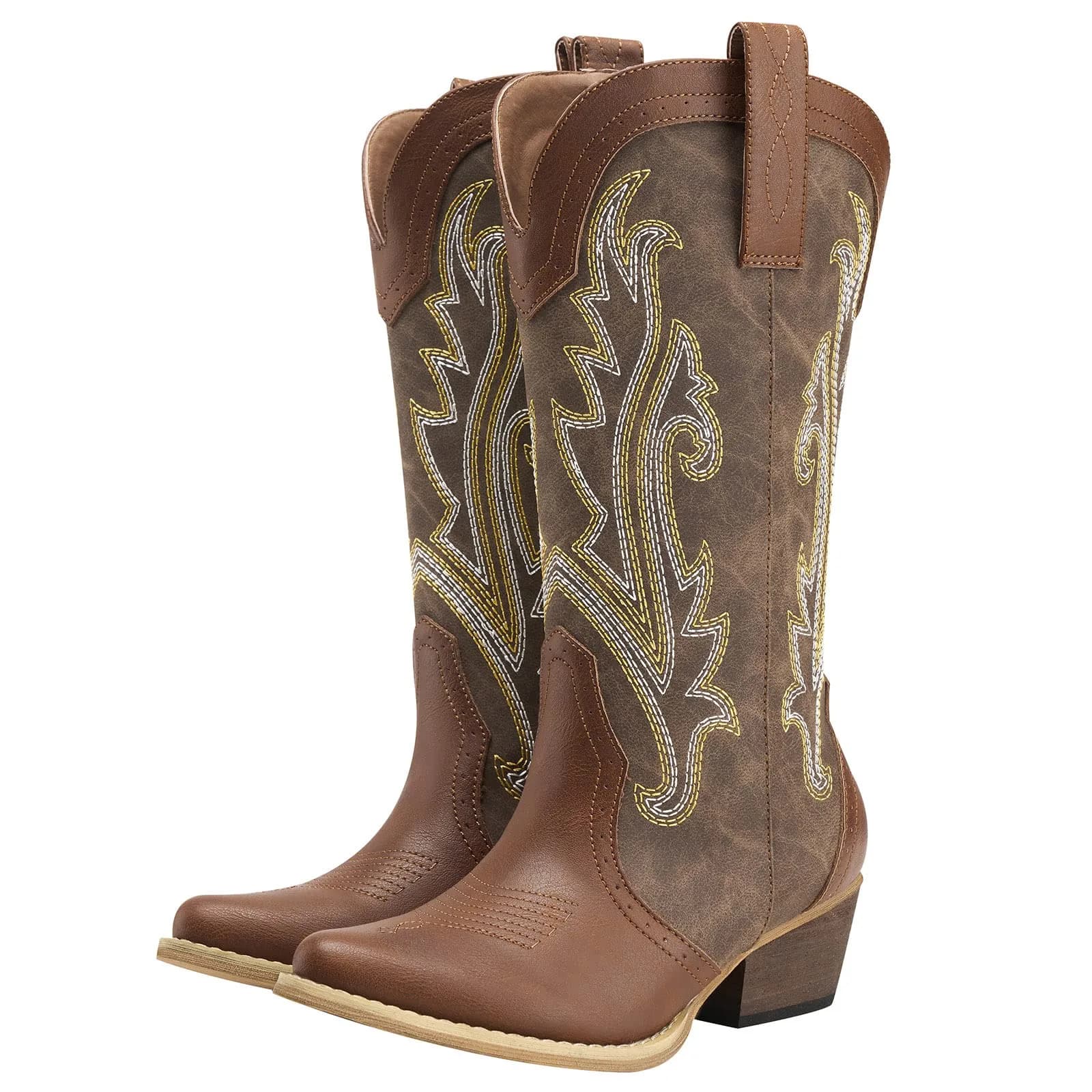 HISEA Rollda Women's Western Cowgirl Boots Mid Calf with 2" Block Heel, Mosaic Brown (US 8 / 25.4 cm) - main product image